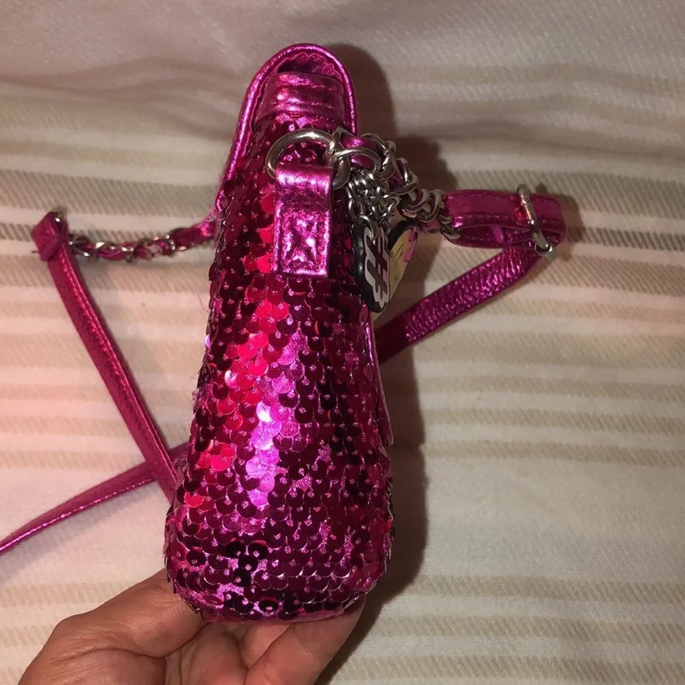 Justice “S” Monogram Fuchsia Pink Sequin Purse Bag with Emoji Charms